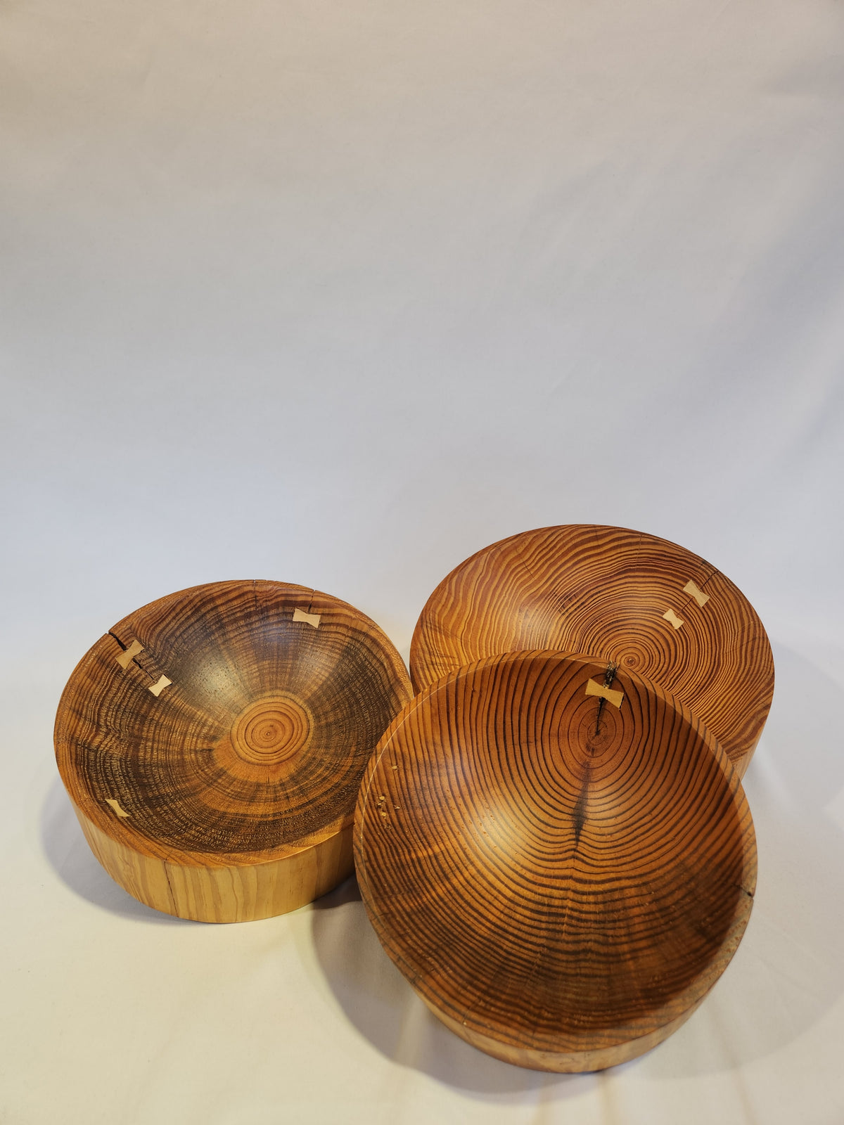 Natural Pine Bowls with Butterfly Inlay, S/3