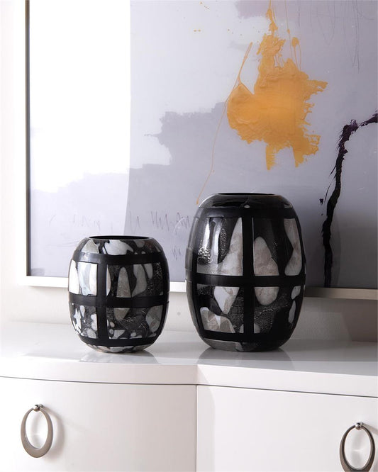 Black-And-White Glass Vases, S/2