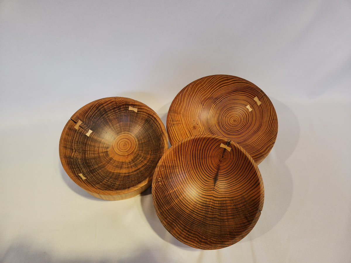 Natural Pine Bowls with Butterfly Inlay, S/3