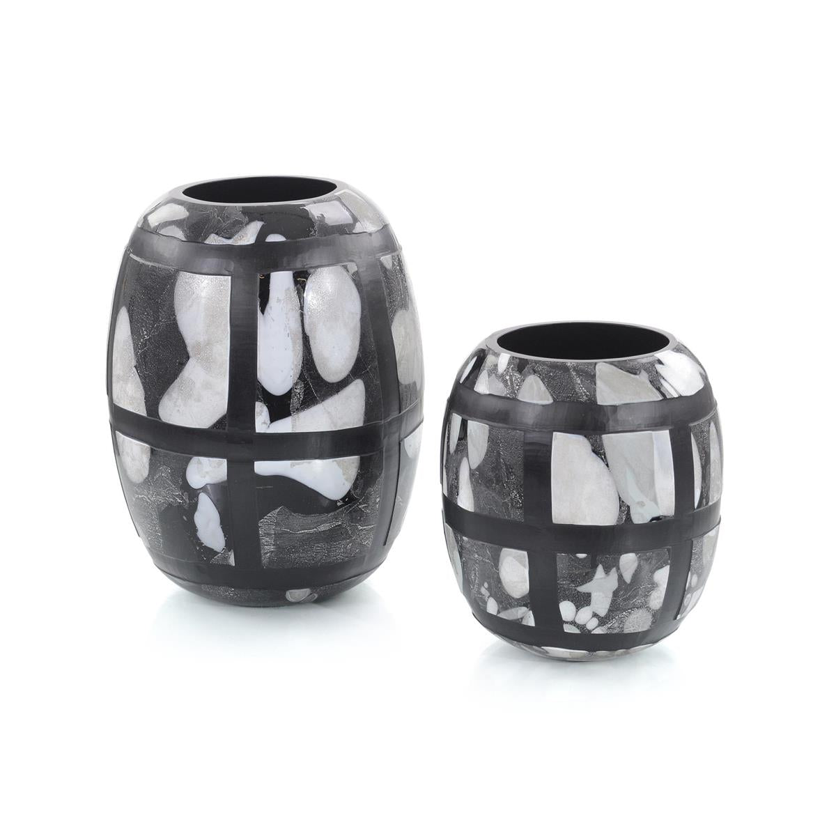 Black-And-White Glass Vases, S/2