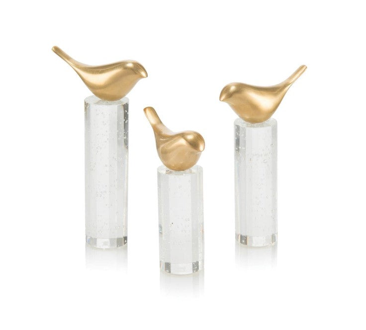 Set of Three Perched Brass Birds